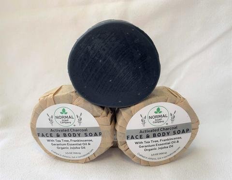 Activated Charcoal Face Soap featuring Tea Tree & Geranium Essential Oil; Camellia Seed and Organic Jojoba Oil