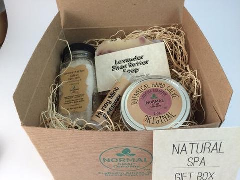 Natural Spa Gift Box with Handmade Soap, Aromatherapy Bath Salts, Botanical Hand salve, and Beeswax Lip Balm